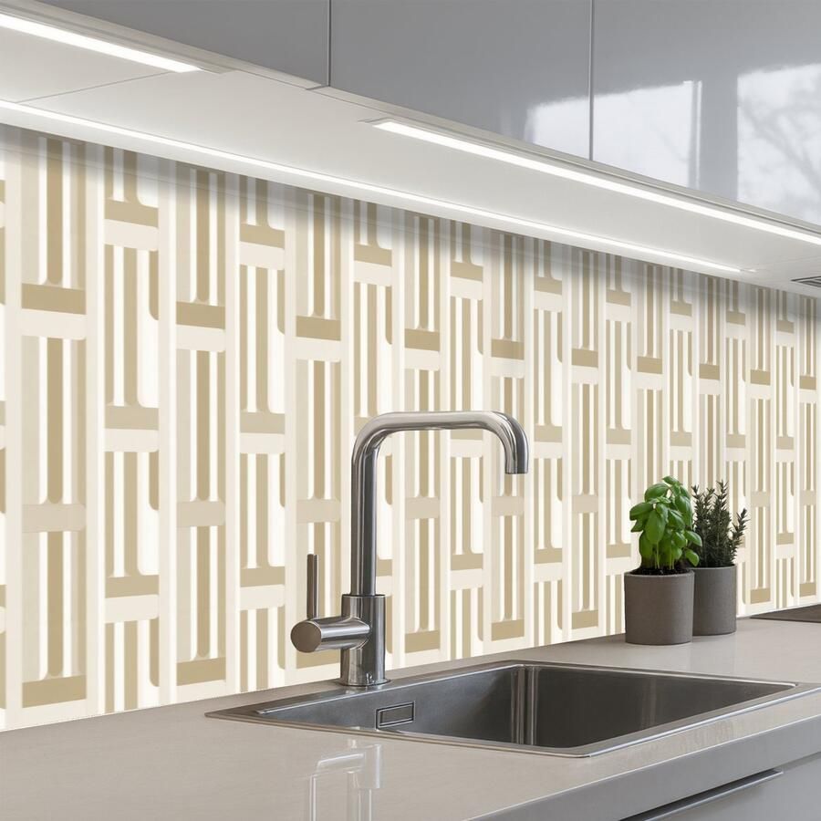 KitchenYeah Keuken achterwand 400x80 cm Spatscherm zelfklevend Modern Geometrisch Beige Muurbeschermer Spatwand fornuis