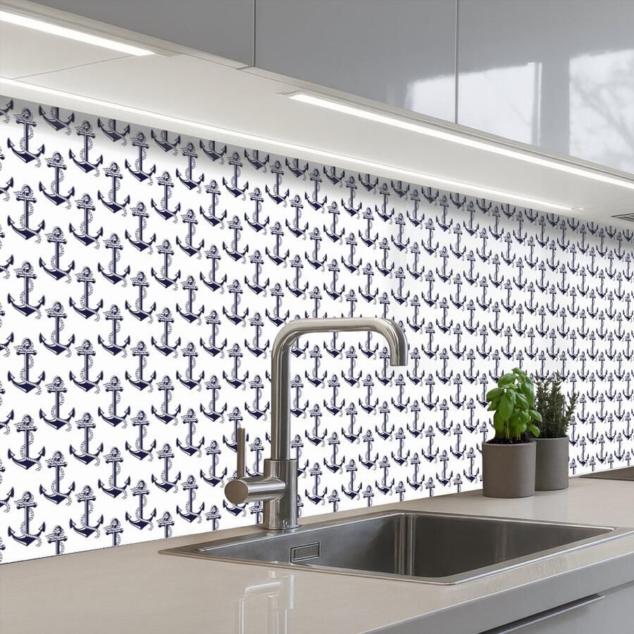 KitchenYeah Keuken achterwand 400x80 cm Spatscherm zelfklevend Oceaan Anker Blauw Wit Muurbeschermer Spatwand fornuis