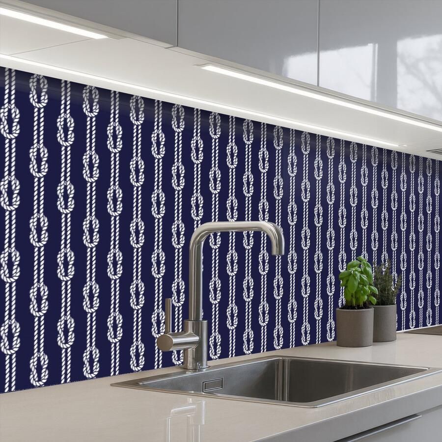 KitchenYeah Keuken achterwand 400x80 cm Spatscherm zelfklevend Oceaan Touw Blauw Wit Muurbeschermer Spatwand fornuis