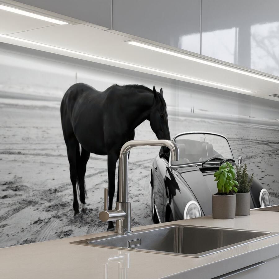 KitchenYeah Keuken achterwand 400x80 cm Spatscherm zelfklevend Paard Auto Zwart Wit Muurbeschermer Spatwand fornuis