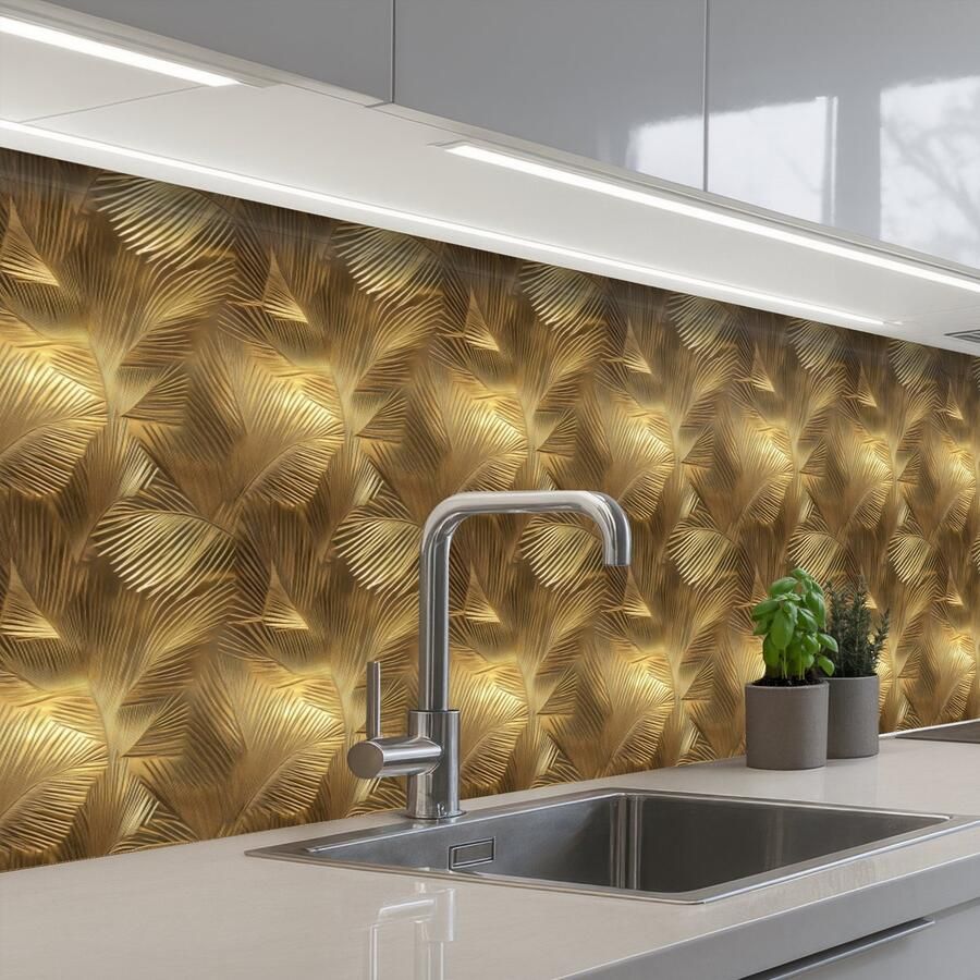 KitchenYeah Keuken achterwand 400x80 cm Spatscherm zelfklevend Palm Waaier Goud Muurbeschermer Spatwand fornuis