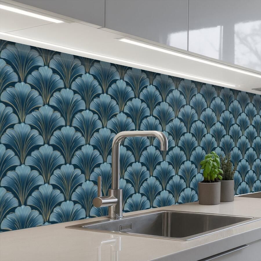 KitchenYeah Keuken achterwand 400x80 cm Spatscherm zelfklevend Patroon Ginkgoblad Blauw Muurbeschermer Spatwand fornuis