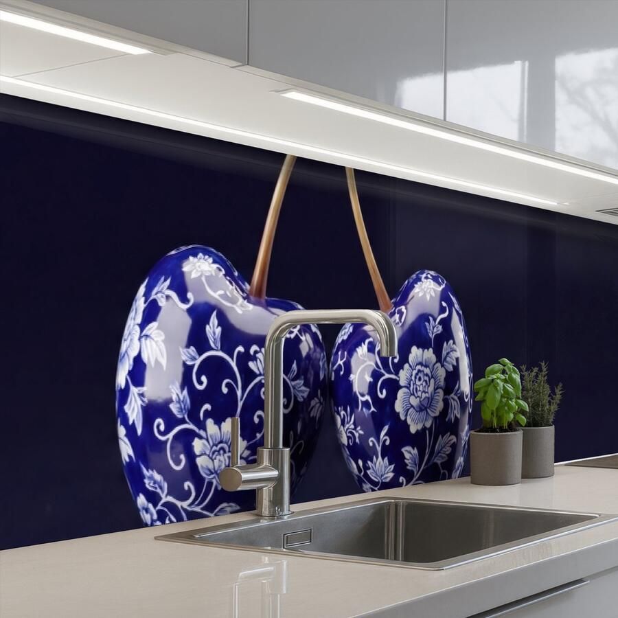 KitchenYeah Keuken achterwand 400x80 cm Spatscherm zelfklevend Porselein- Kersen Delfts Blauw Muurbeschermer Spatwand fornuis