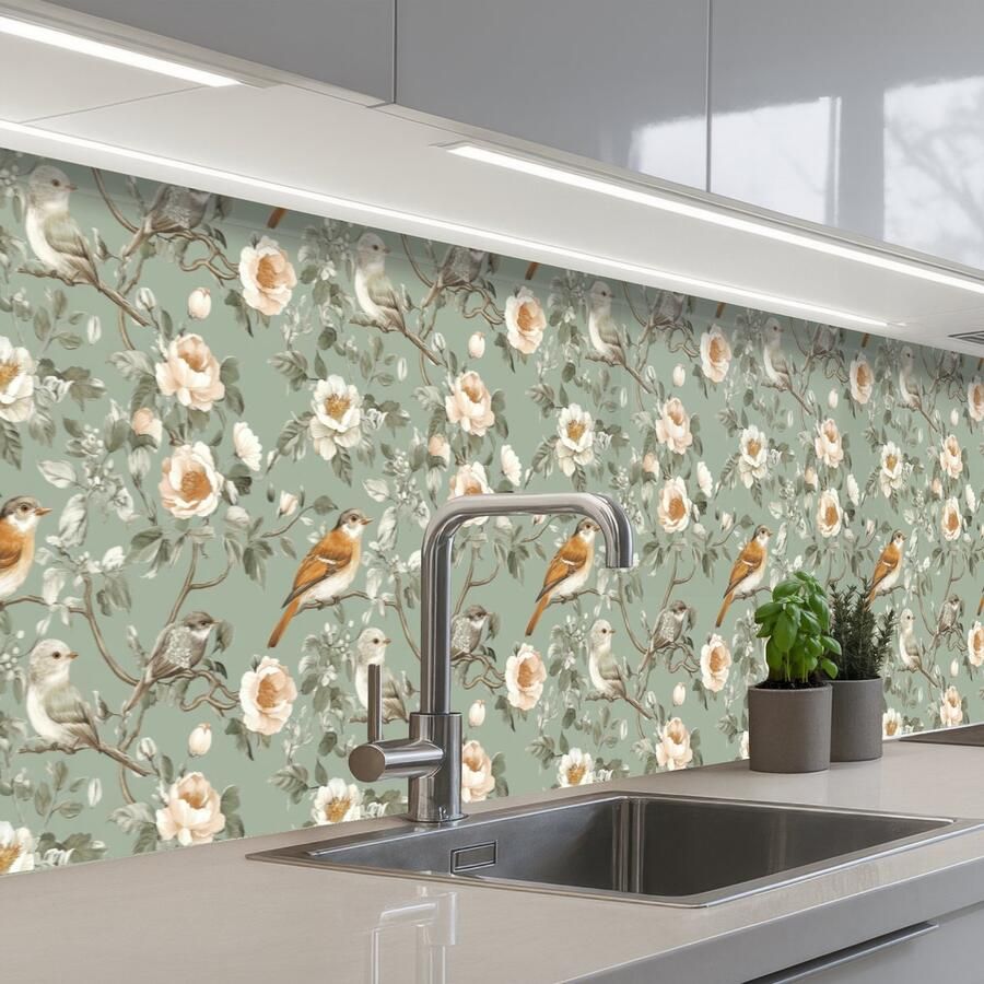 KitchenYeah Keuken achterwand 400x80 cm Spatscherm zelfklevend Roze Vogels Kleurrijk Muurbeschermer Spatwand fornuis