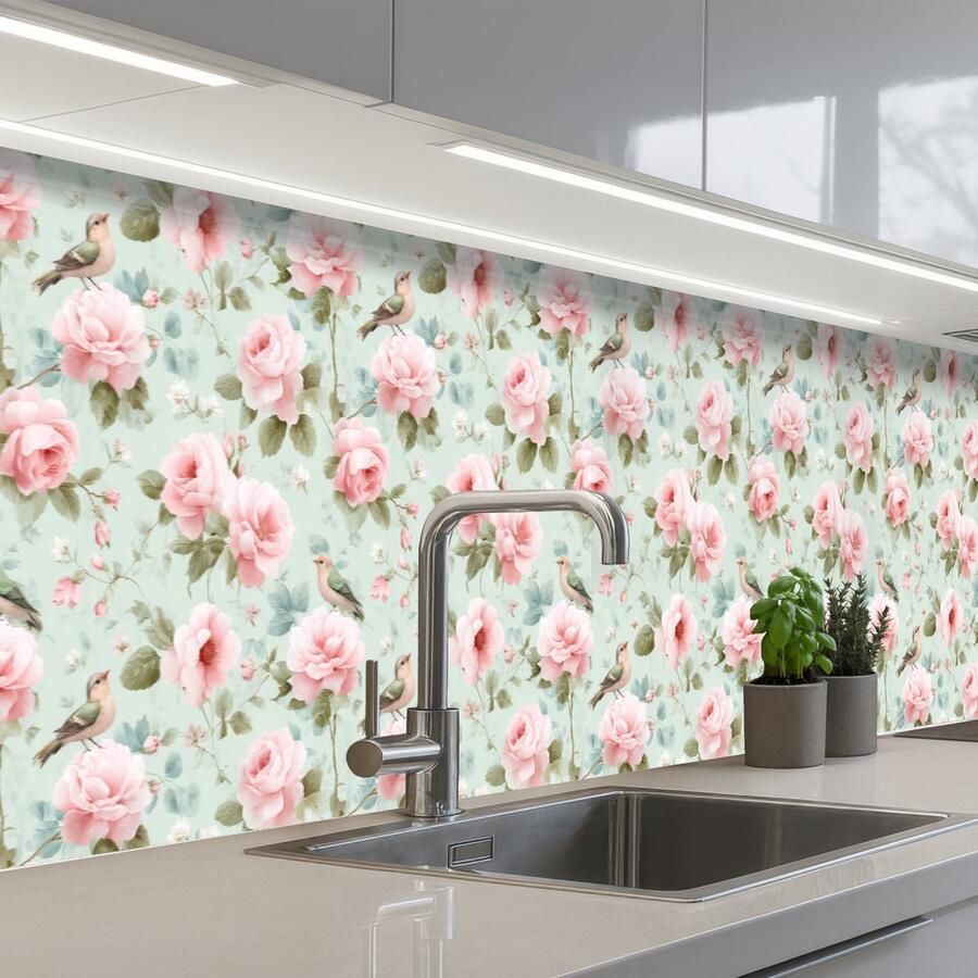 KitchenYeah Keuken achterwand 400x80 cm Spatscherm zelfklevend Rozen Vogels Pastel Kleurrijk Muurbeschermer Spatwand fornuis