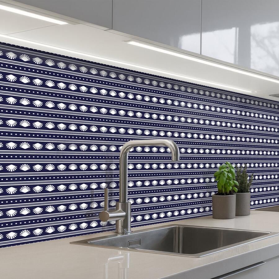KitchenYeah Keuken achterwand 400x80 cm Spatscherm zelfklevend Schelp Nautisch Blauw Wit Muurbeschermer Spatwand fornuis