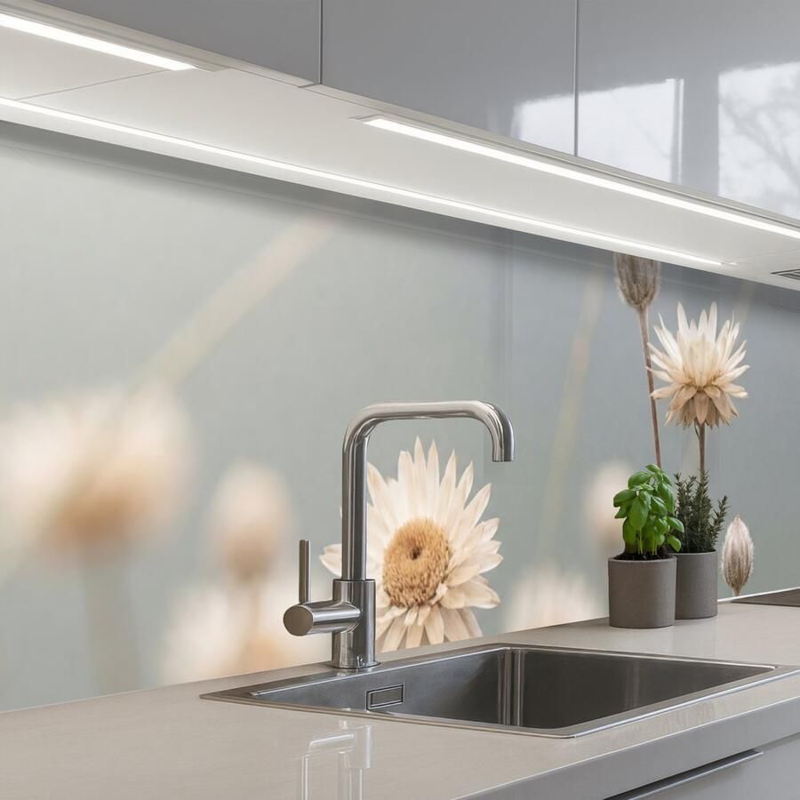 KitchenYeah Keuken achterwand 400x80 cm Spatscherm zelfklevend Strobloemen Wit Daglicht Muurbeschermer Spatwand fornuis