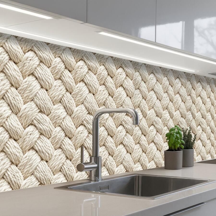 KitchenYeah Keuken achterwand 400x80 cm Spatscherm zelfklevend Touw Gebreid Beige Muurbeschermer Spatwand fornuis