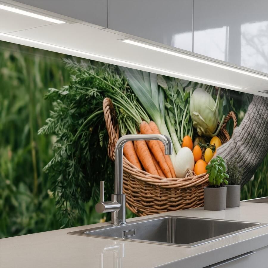 KitchenYeah Keuken achterwand 400x80 cm Spatscherm zelfklevend Veld Groenten Biologisch Oogst Muurbeschermer Spatwand fornuis