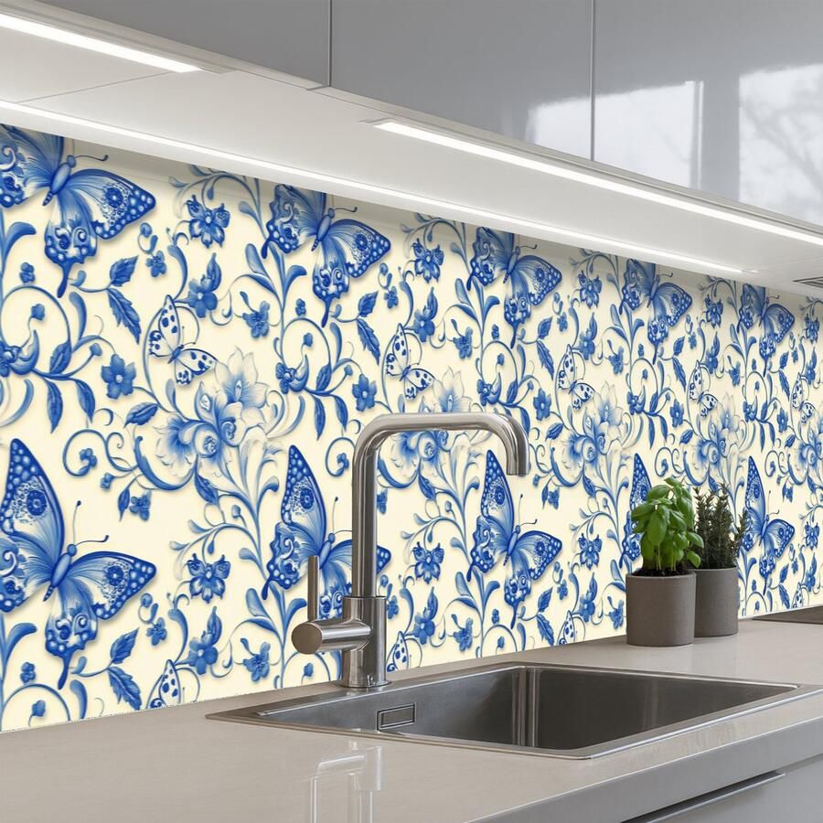 KitchenYeah Keuken achterwand 400x80 cm Spatscherm zelfklevend Vlinders Bloemen Blauw Botanisch Muurbeschermer Spatwand fornuis