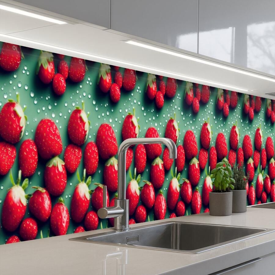 KitchenYeah Keuken achterwand 450x60 cm Spatscherm zelfklevend Aardbeien Rood Groen Kroontjes Muurbeschermer Spatwand fornuis