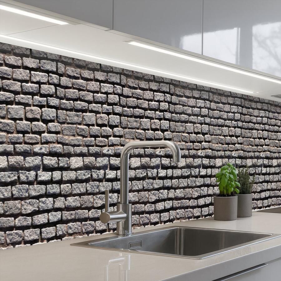 KitchenYeah Keuken achterwand 450x60 cm Spatscherm zelfklevend Bestraat Robuust Muur Stenen Muurbeschermer Spatwand fornuis