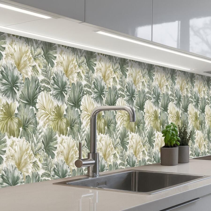 KitchenYeah Keuken achterwand 450x60 cm Spatscherm zelfklevend Bladeren Botanisch Groen Muurbeschermer Spatwand fornuis