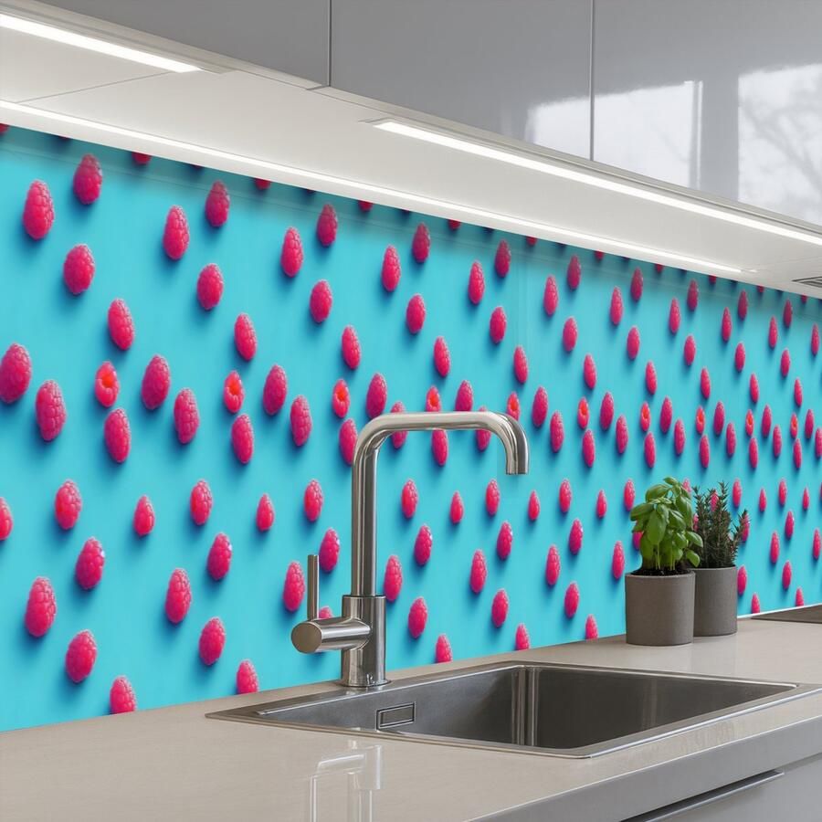 KitchenYeah Keuken achterwand 450x60 cm Spatscherm zelfklevend Blauw Frambozen Roze Muurbeschermer Spatwand fornuis