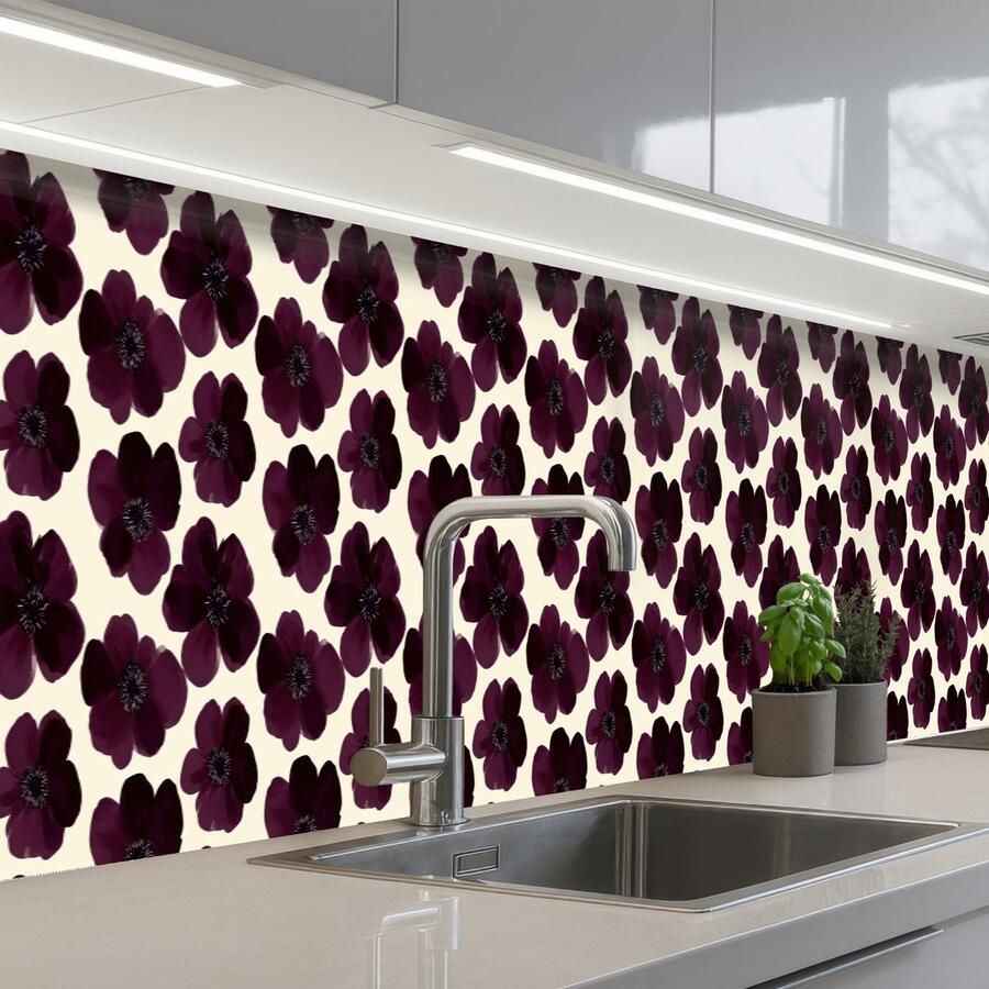 KitchenYeah Keuken achterwand 450x60 cm Spatscherm zelfklevend Bloemen Aquarel Paars Muurbeschermer Spatwand fornuis