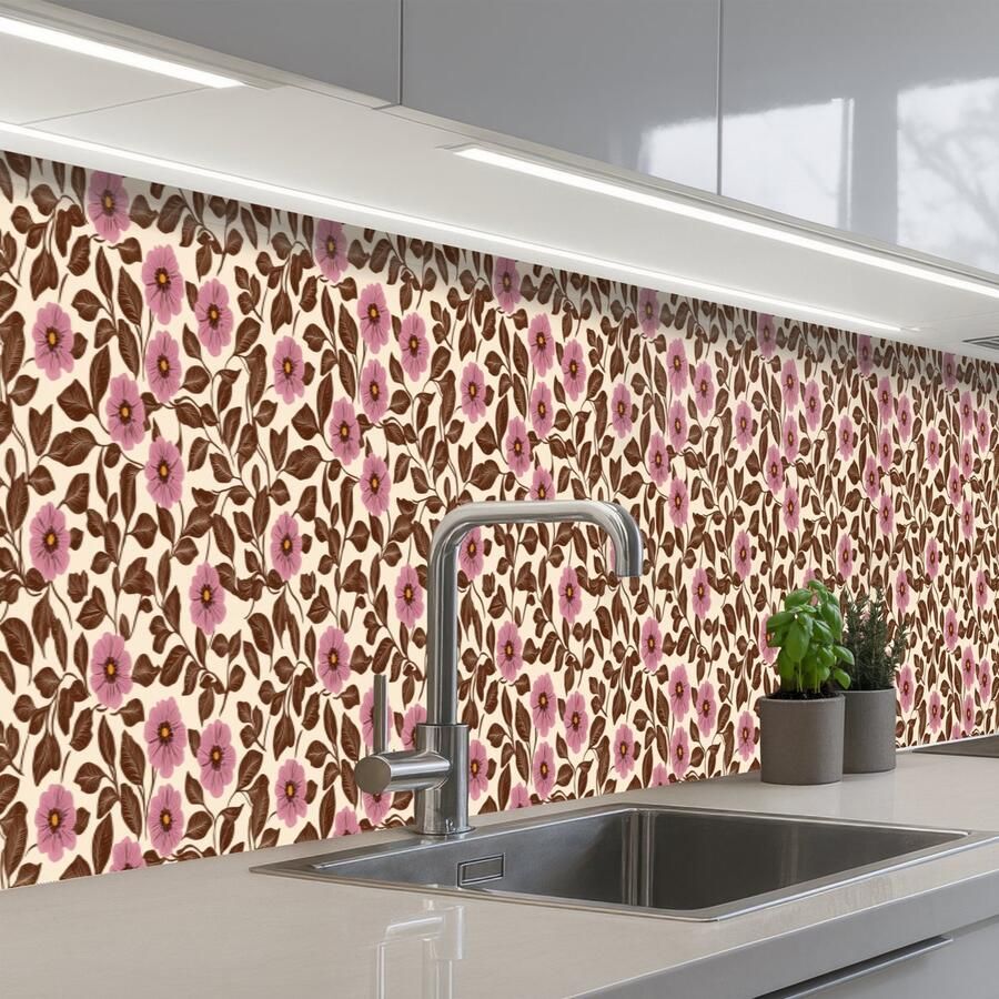 KitchenYeah Keuken achterwand 450x60 cm Spatscherm zelfklevend Bloemen Bladeren Kleurrijk Muurbeschermer Spatwand fornuis