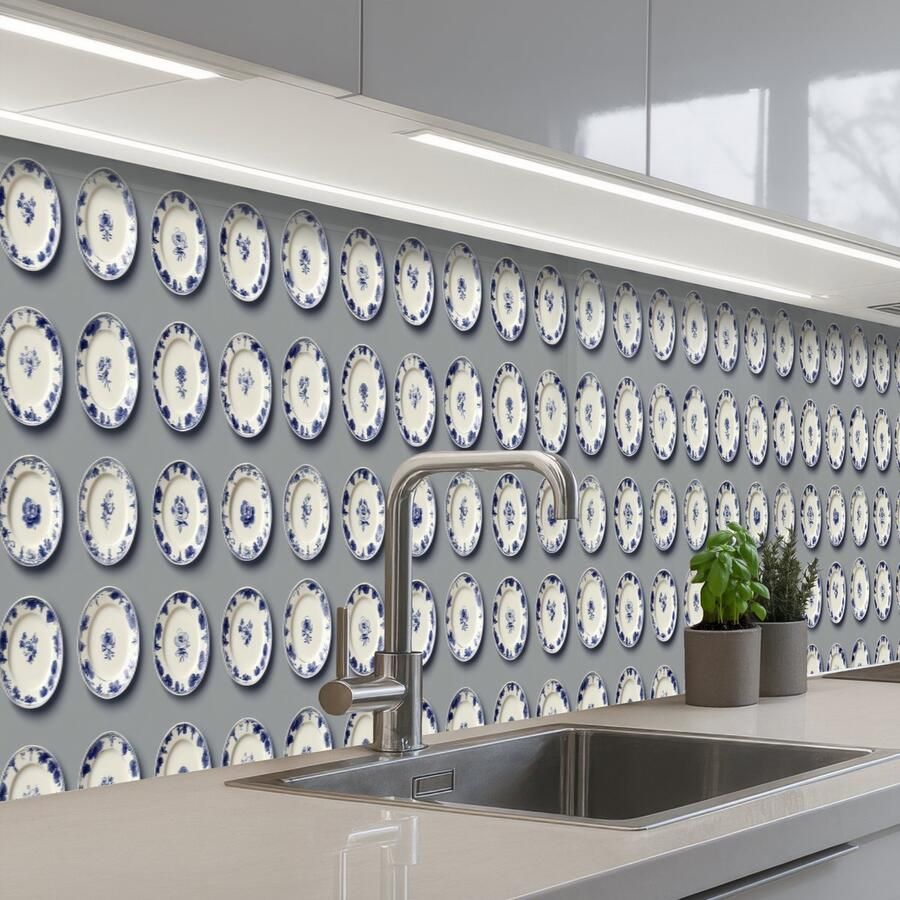KitchenYeah Keuken achterwand 450x60 cm Spatscherm zelfklevend Borden Bloemen Blauw Wit Muurbeschermer Spatwand fornuis