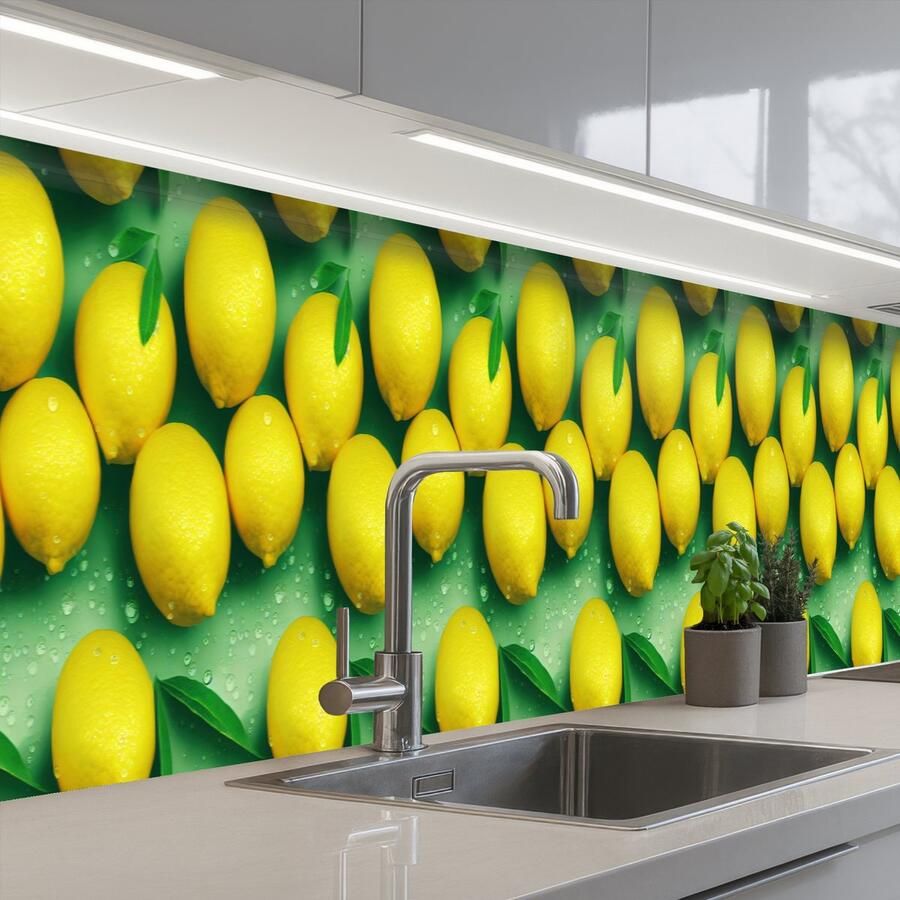 KitchenYeah Keuken achterwand 450x60 cm Spatscherm zelfklevend Citroenen Geel Groen Druppels Muurbeschermer Spatwand fornuis