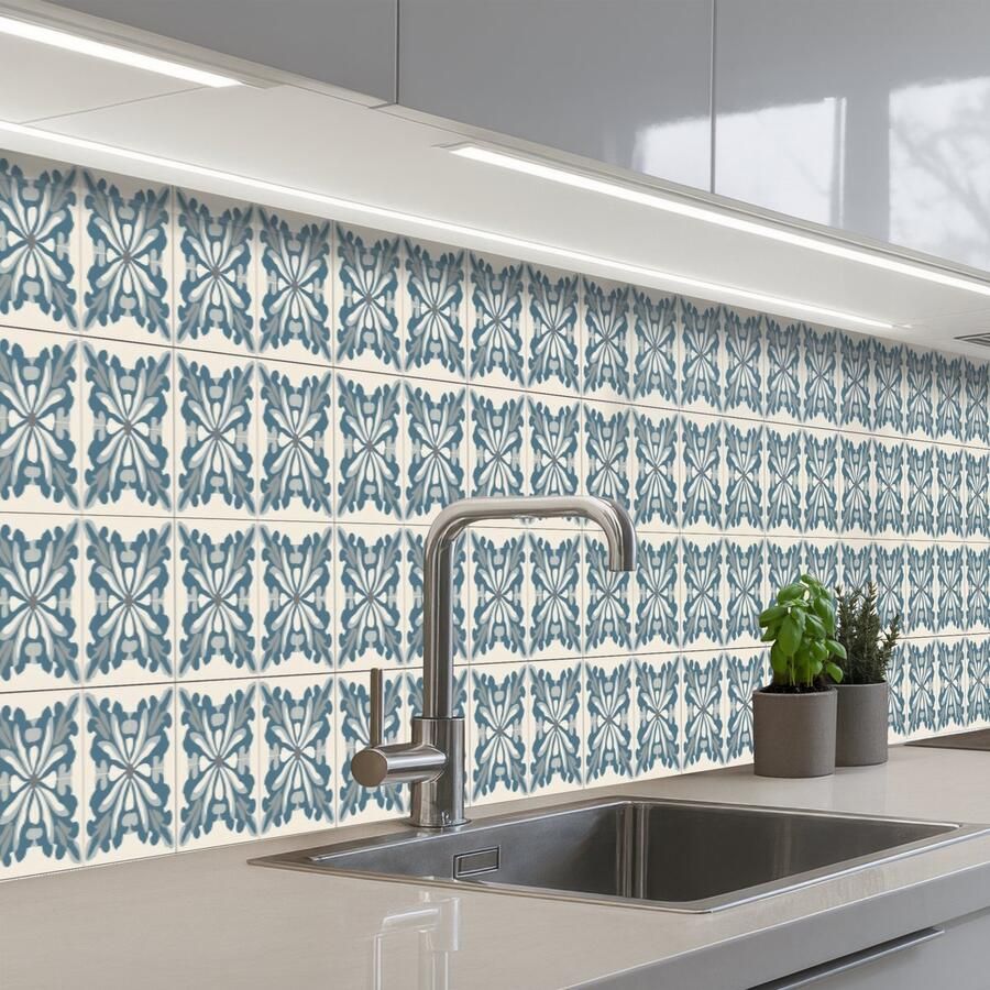 KitchenYeah Keuken achterwand 450x60 cm Spatscherm zelfklevend Dessin Tegel Blauw Muurbeschermer Spatwand fornuis