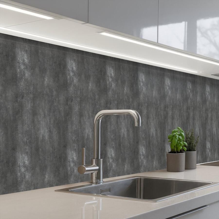 KitchenYeah Keuken achterwand 450x60 cm Spatscherm zelfklevend Donkergrijs Ruw Beton print Muurbeschermer Spatwand fornuis