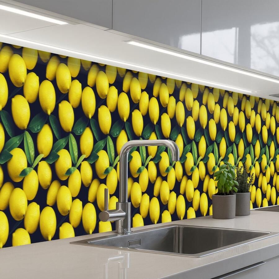 KitchenYeah Keuken achterwand 450x60 cm Spatscherm zelfklevend Gele Citroenen Druppels Fruit Muurbeschermer Spatwand fornuis