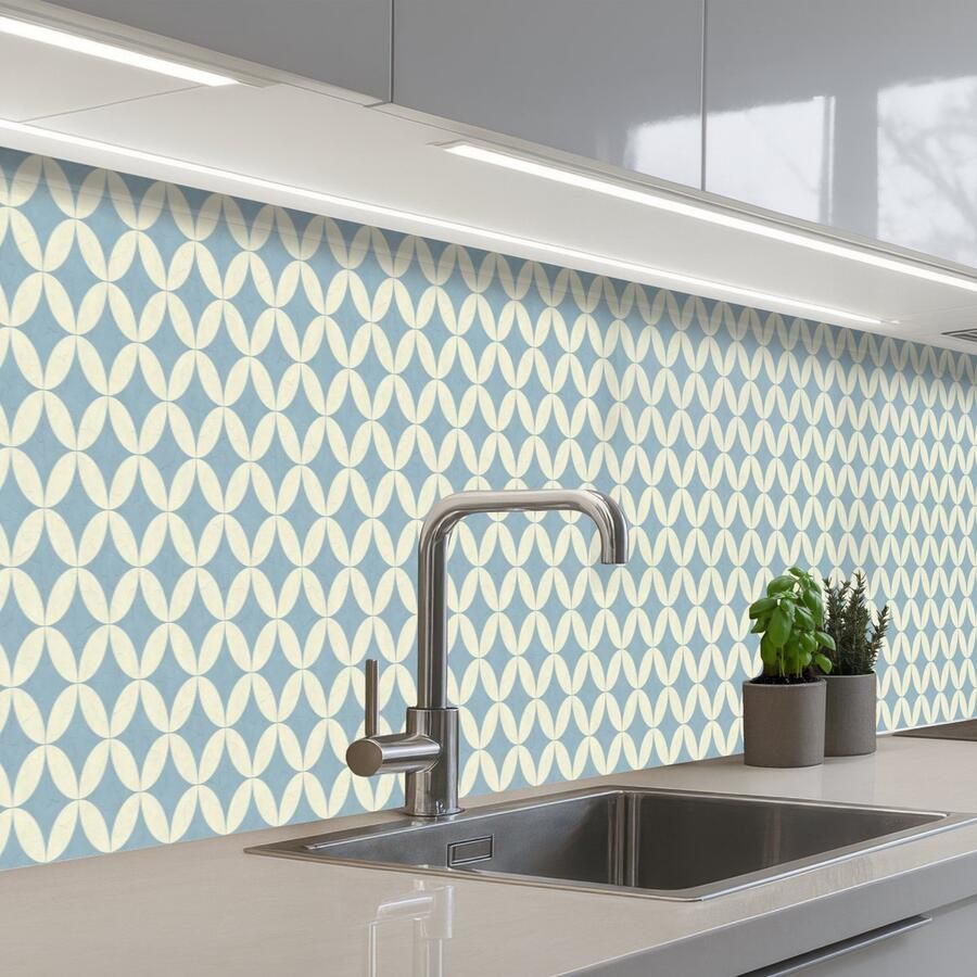 KitchenYeah Keuken achterwand 450x60 cm Spatscherm zelfklevend Geometrisch Bloem Motief Blauw Muurbeschermer Spatwand fornuis