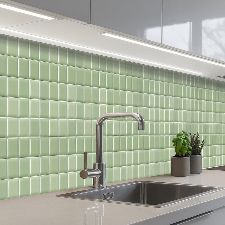 KitchenYeah Keuken achterwand 450x60 cm Spatscherm zelfklevend Glanzend Mozaïek Tegels Zacht Groen Muurbeschermer Spatwand fornuis