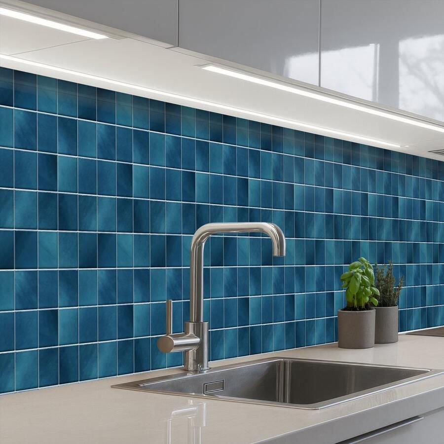 KitchenYeah Keuken achterwand 450x60 cm Spatscherm zelfklevend Keramiek Structuur Tegel Blauw Muurbeschermer Spatwand fornuis