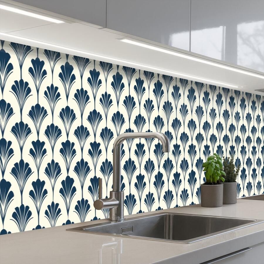 KitchenYeah Keuken achterwand 450x60 cm Spatscherm zelfklevend Klassiek Motief Blauw Muurbeschermer Spatwand fornuis
