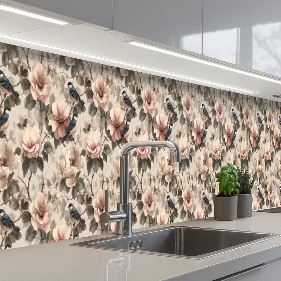 KitchenYeah Keuken achterwand 450x60 cm Spatscherm zelfklevend Klassiek Vogels Kleurrijk Muurbeschermer Spatwand fornuis