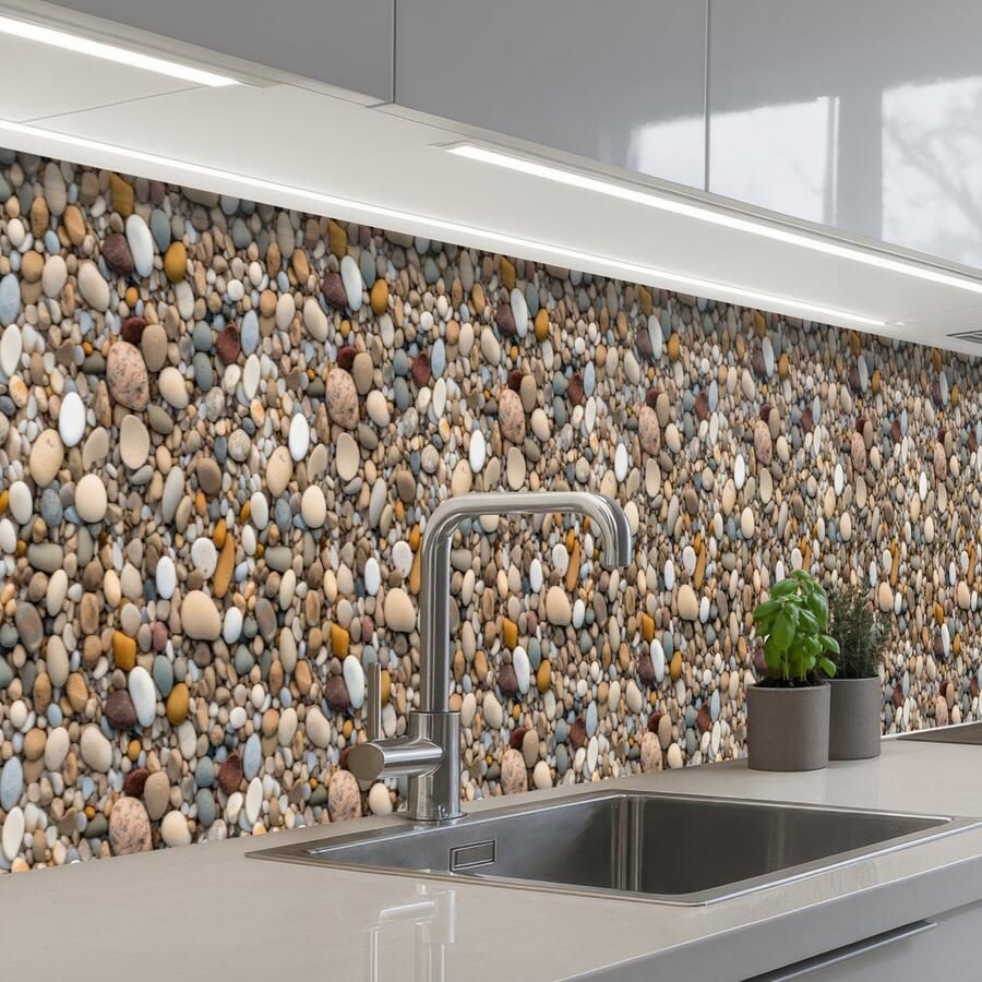 KitchenYeah Keuken achterwand 450x60 cm Spatscherm zelfklevend Kleine Grote Stenen Muurbeschermer Spatwand fornuis