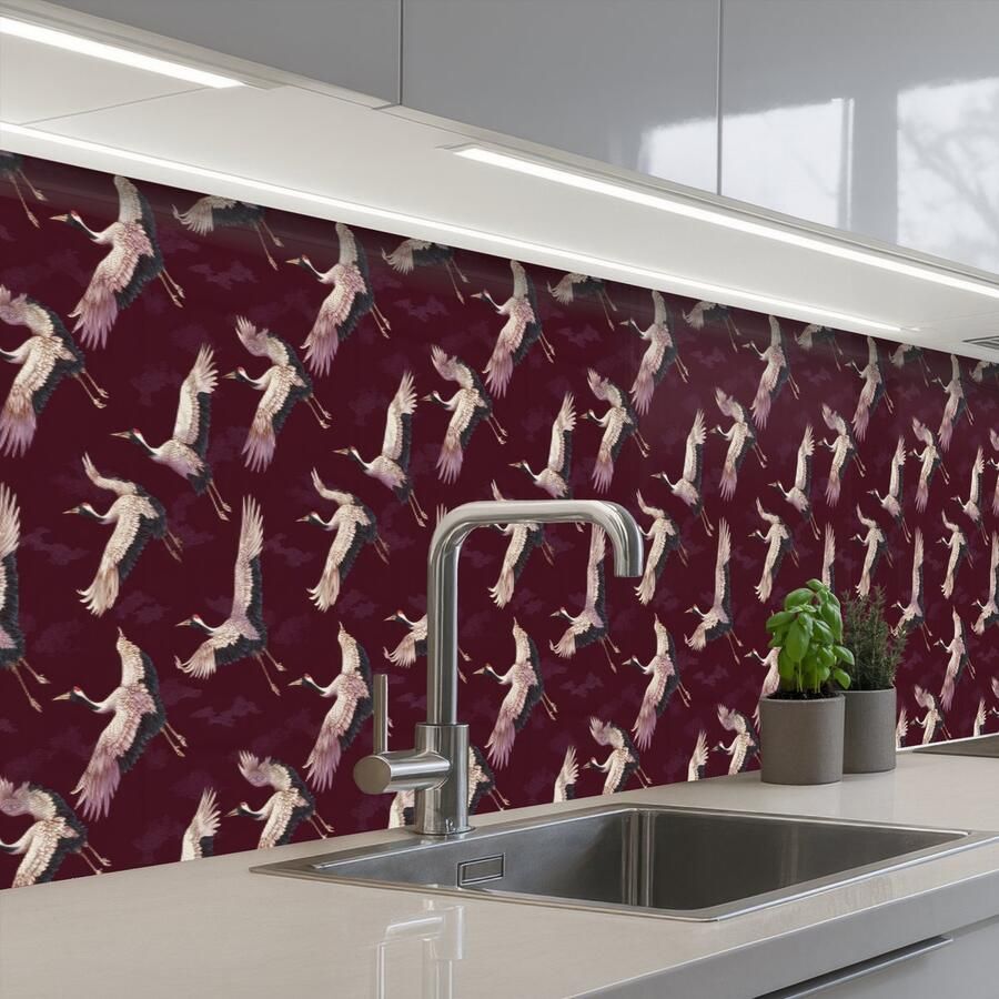 KitchenYeah Keuken achterwand 450x60 cm Spatscherm zelfklevend Kraanvogels Klassiek Bordeaux Muurbeschermer Spatwand fornuis