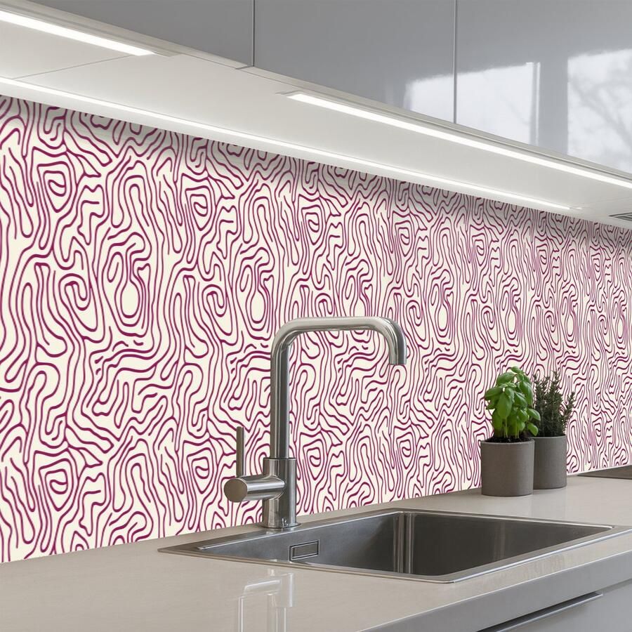KitchenYeah Keuken achterwand 450x60 cm Spatscherm zelfklevend Kronkelende lijn Magenta Crème Muurbeschermer Spatwand fornuis