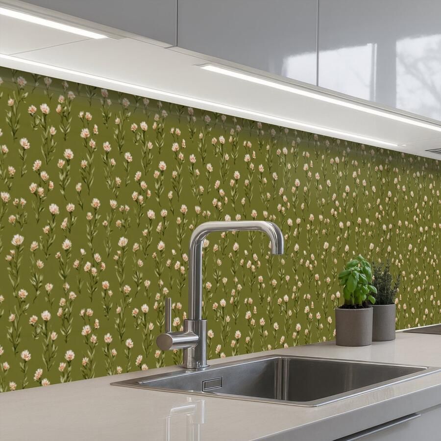 KitchenYeah Keuken achterwand 450x60 cm Spatscherm zelfklevend Landelijk Bloemen Groen Muurbeschermer Spatwand fornuis