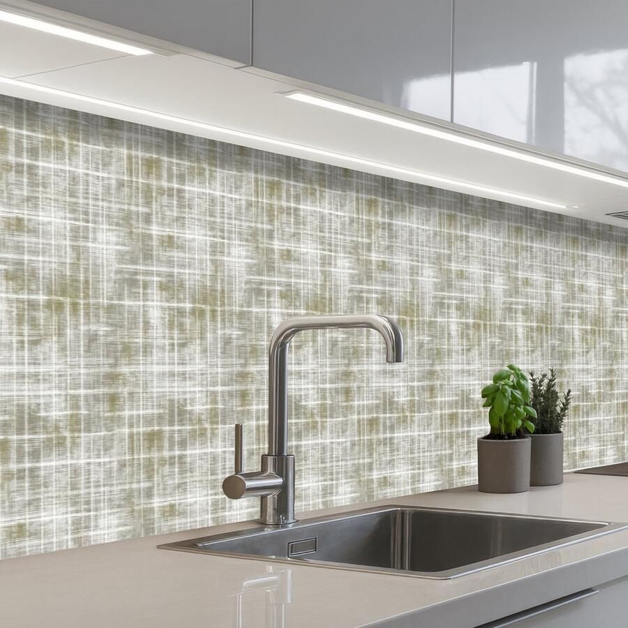 KitchenYeah Keuken achterwand 450x60 cm Spatscherm zelfklevend Linnen Patroon Groen Muurbeschermer Spatwand fornuis