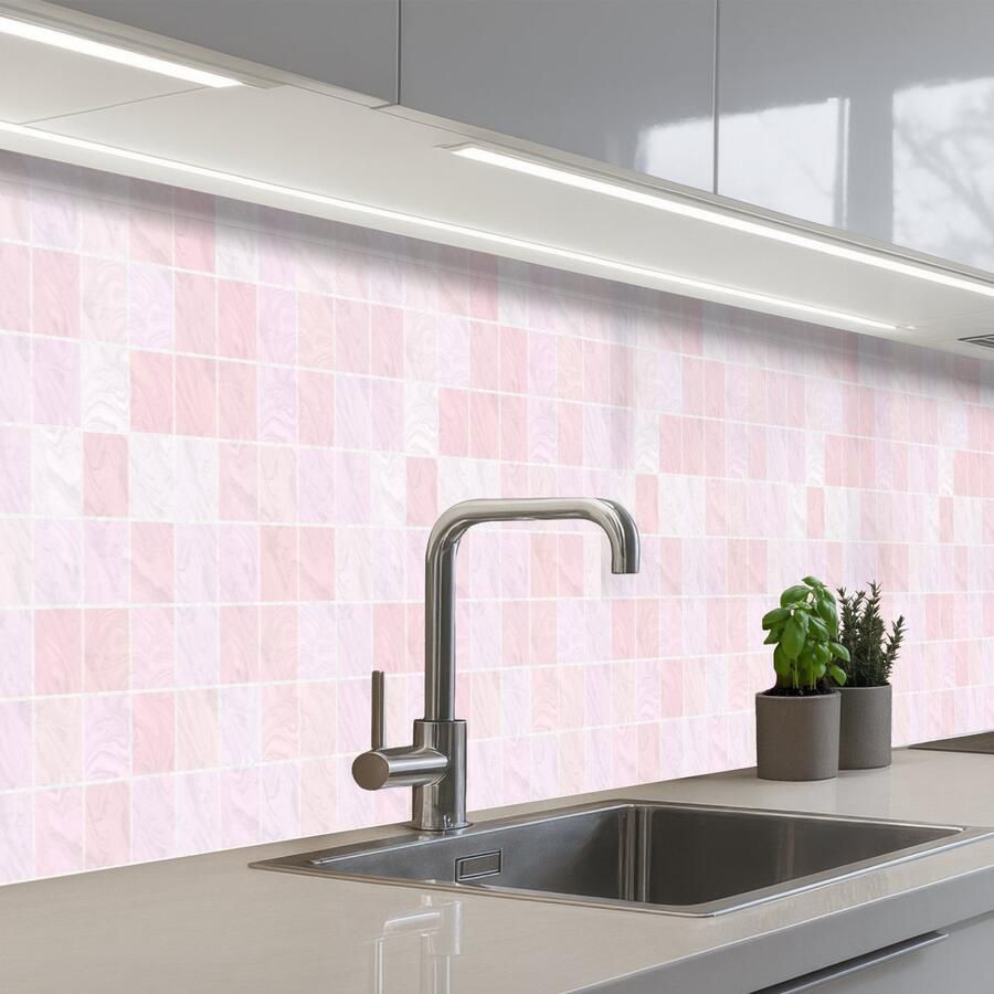 KitchenYeah Keuken achterwand 450x60 cm Spatscherm zelfklevend Marmer Patroon Mozaïek Roze Muurbeschermer Spatwand fornuis
