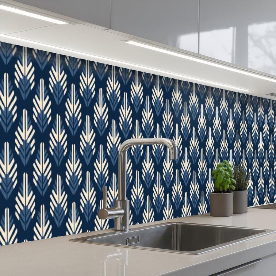 KitchenYeah Keuken achterwand 450x60 cm Spatscherm zelfklevend Modern Patroon Blauw Muurbeschermer Spatwand fornuis