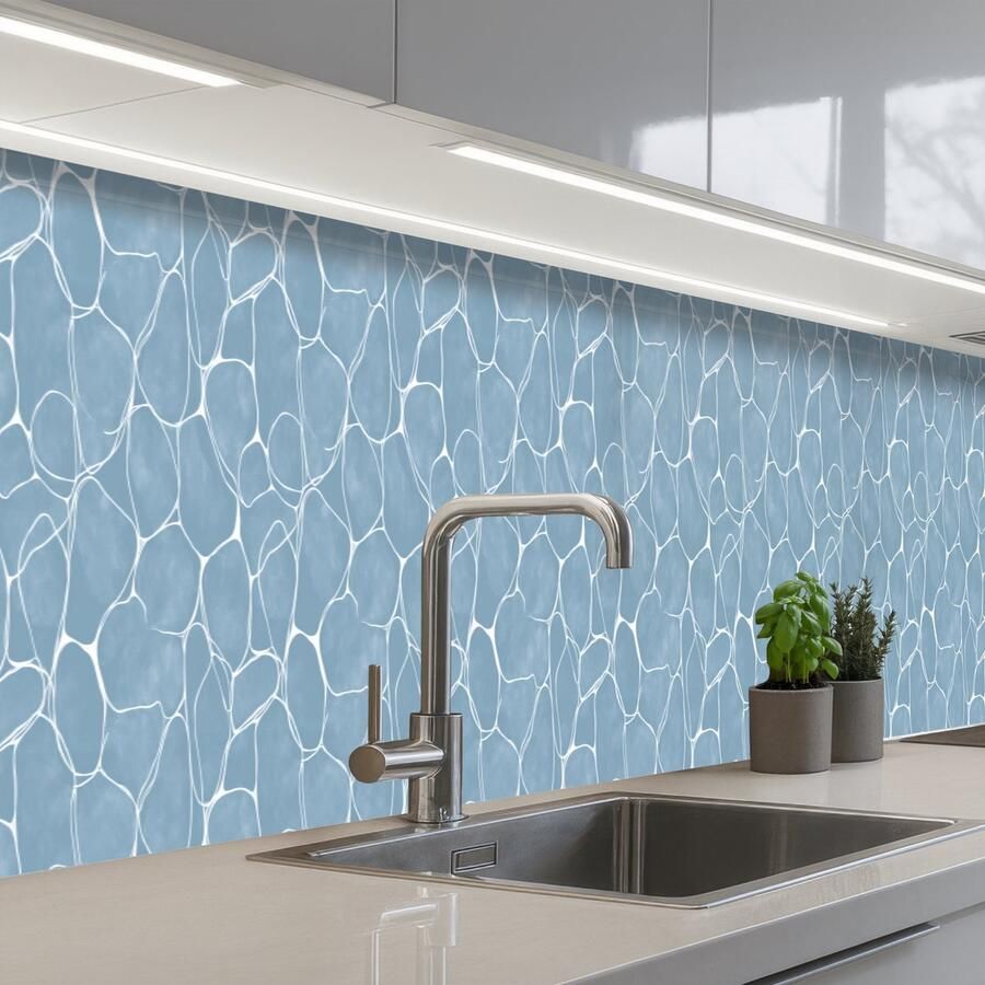KitchenYeah Keuken achterwand 450x60 cm Spatscherm zelfklevend Organisch Patroon Blauw Muurbeschermer Spatwand fornuis