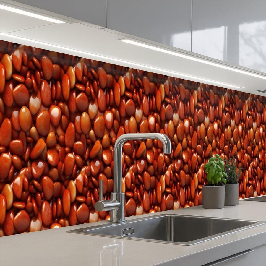 KitchenYeah Keuken achterwand 450x60 cm Spatscherm zelfklevend Rode Glans -Stenen Muurbeschermer Spatwand fornuis