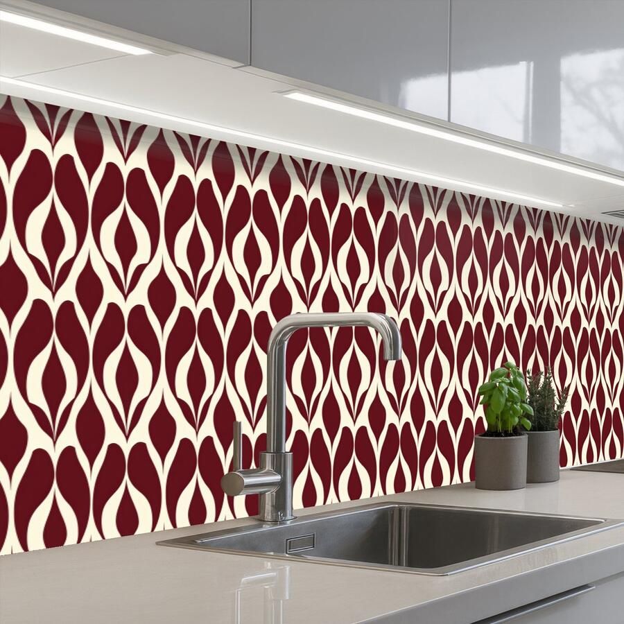KitchenYeah Keuken achterwand 450x60 cm Spatscherm zelfklevend Rood Druppelpatroon Grafisch Muurbeschermer Spatwand fornuis
