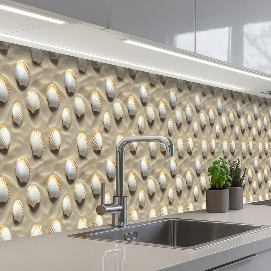KitchenYeah Keuken achterwand 450x60 cm Spatscherm zelfklevend Schelpen Zand Maritiem Muurbeschermer Spatwand fornuis