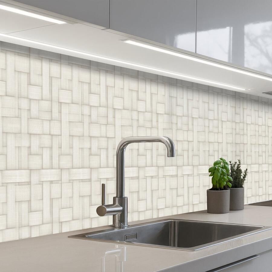 KitchenYeah Keuken achterwand 450x60 cm Spatscherm zelfklevend Vlechtwerk Banen Beige Muurbeschermer Spatwand fornuis