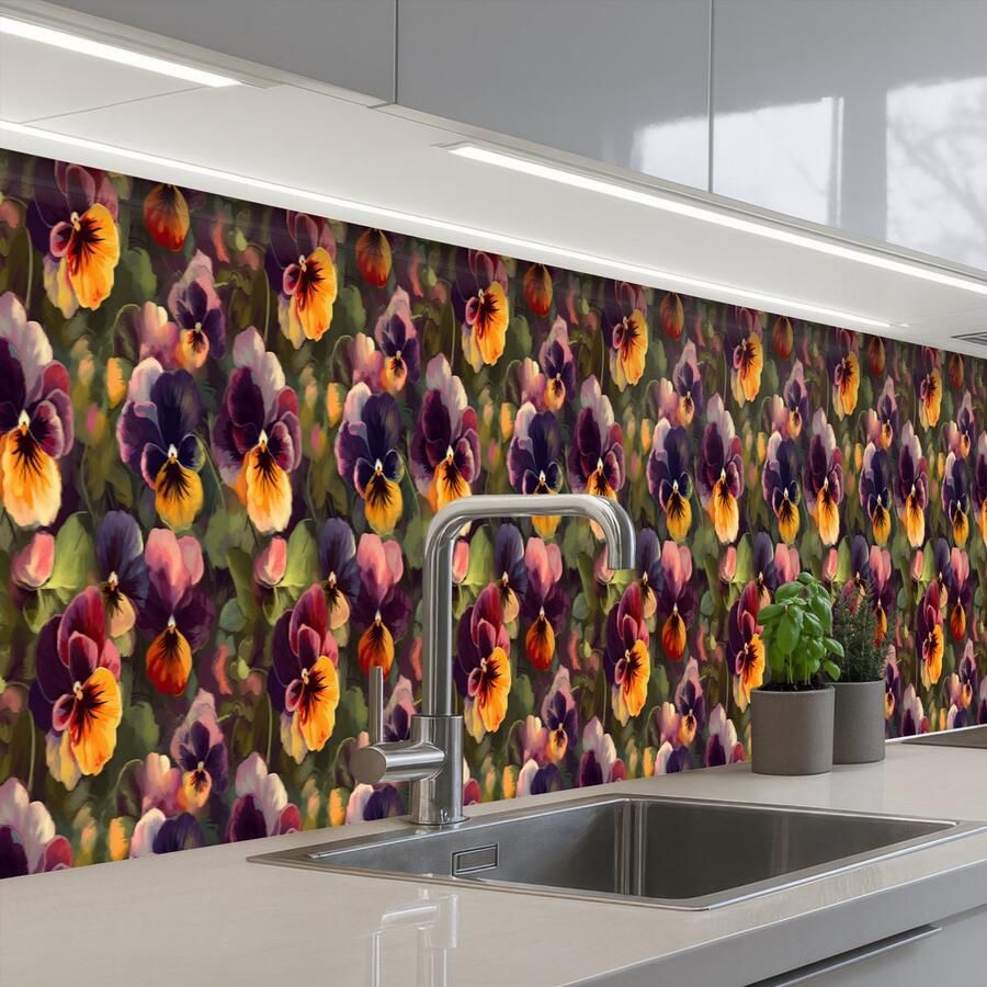KitchenYeah Keuken achterwand 450x60 cm Spatscherm zelfklevend Warm Patroon Penseel Viooltjes Muurbeschermer Spatwand fornuis