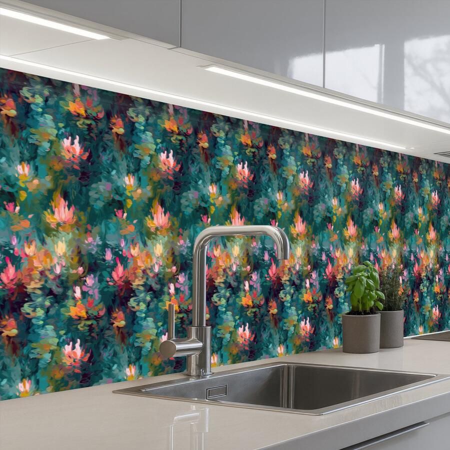 KitchenYeah Keuken achterwand 450x60 cm Spatscherm zelfklevend Waterlelies Vijver Water Muurbeschermer Spatwand fornuis