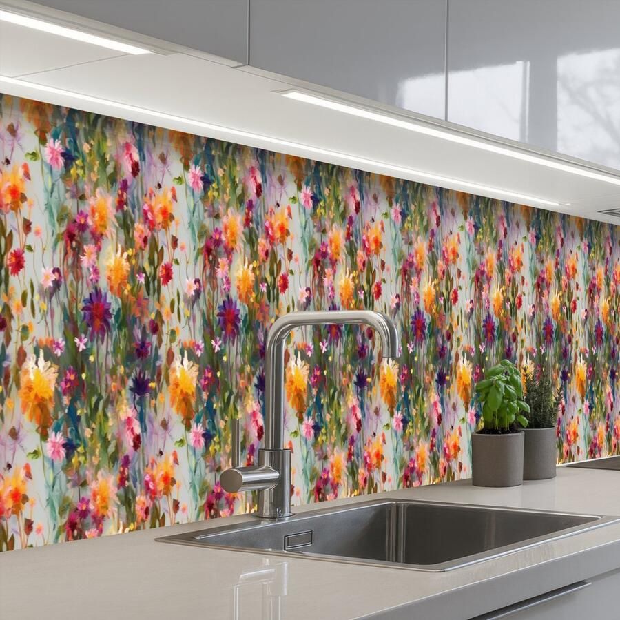 KitchenYeah Keuken achterwand 450x60 cm Spatscherm zelfklevend Zomers Kleurrijk Patroon Bloemen Muurbeschermer Spatwand fornuis