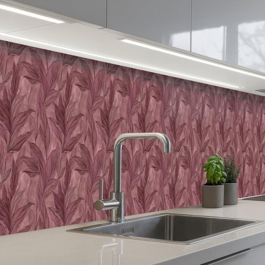 KitchenYeah Keuken achterwand 500x60 cm Spatscherm zelfklevend Bladeren Patroon Paars Muurbeschermer Spatwand fornuis - Foto 2