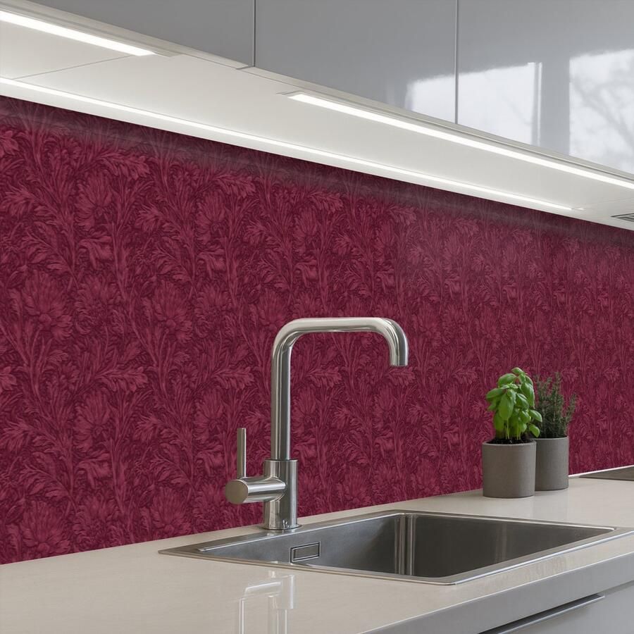 KitchenYeah Keuken achterwand 500x60 cm Spatscherm zelfklevend Bladeren Patroon Paars Muurbeschermer Spatwand fornuis