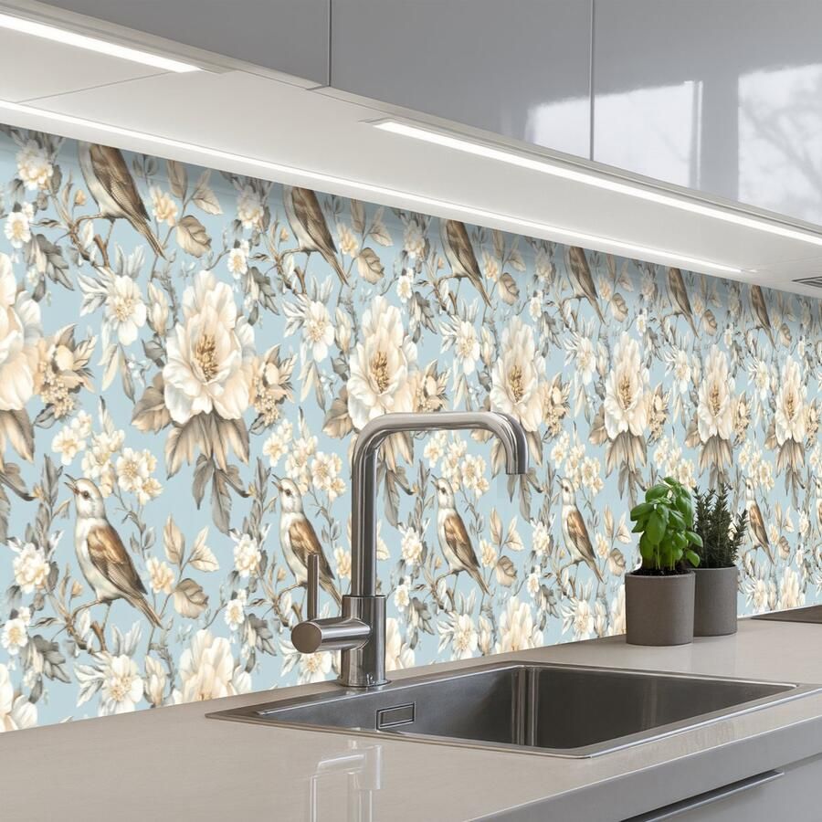 KitchenYeah Keuken achterwand 500x60 cm Spatscherm zelfklevend Botanisch Zangvogel Blauw Muurbeschermer Spatwand fornuis
