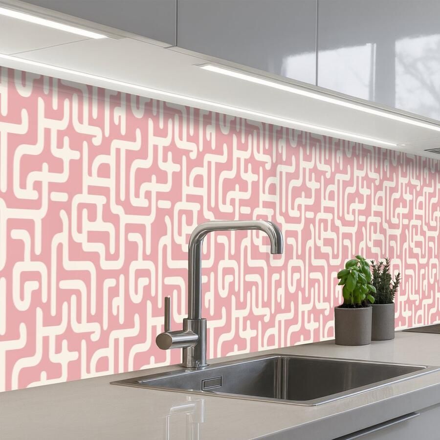 KitchenYeah Keuken achterwand 500x60 cm Spatscherm zelfklevend Doolhofpatroon Roze Wit Abstract Muurbeschermer Spatwand fornuis