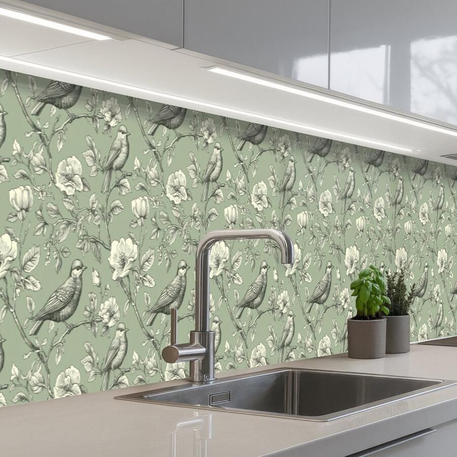 KitchenYeah Keuken achterwand 500x60 cm Spatscherm zelfklevend Klassiek Botanisch Groen Muurbeschermer Spatwand fornuis